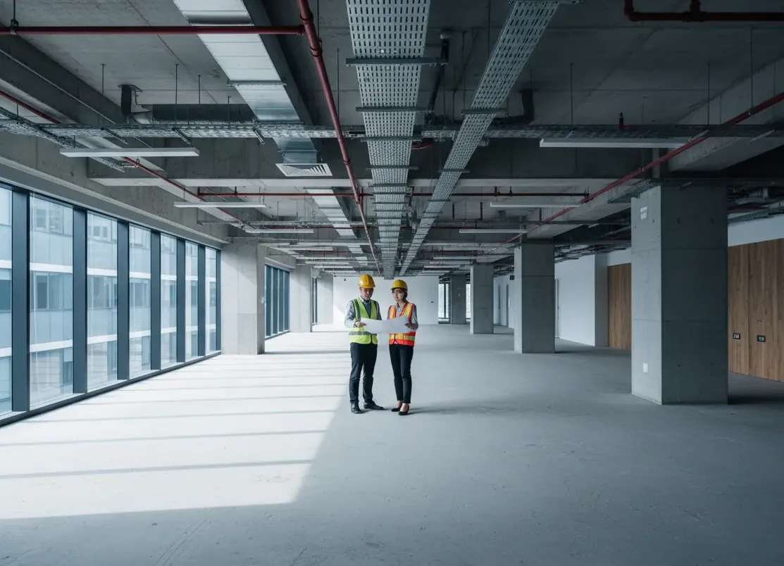 Illustration: open office floor returned to bare shell, with the ceiling services exposed