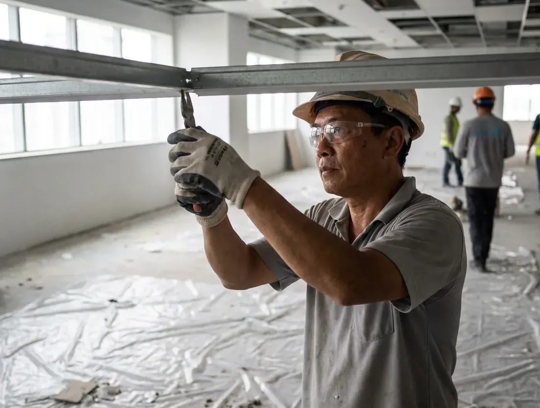 Illustration: contractor removing ceiling and partition framing during reinstatement works